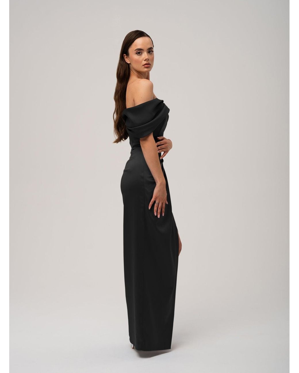 Tia Dorraine Black Heavenly Kissed Draped Satin Maxi Dress