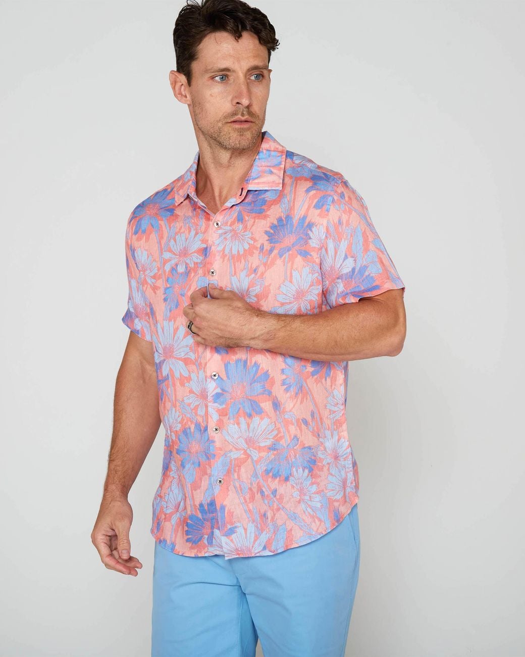 Lords of Harlech Pink Sergio Springtime Linen Shirt for men