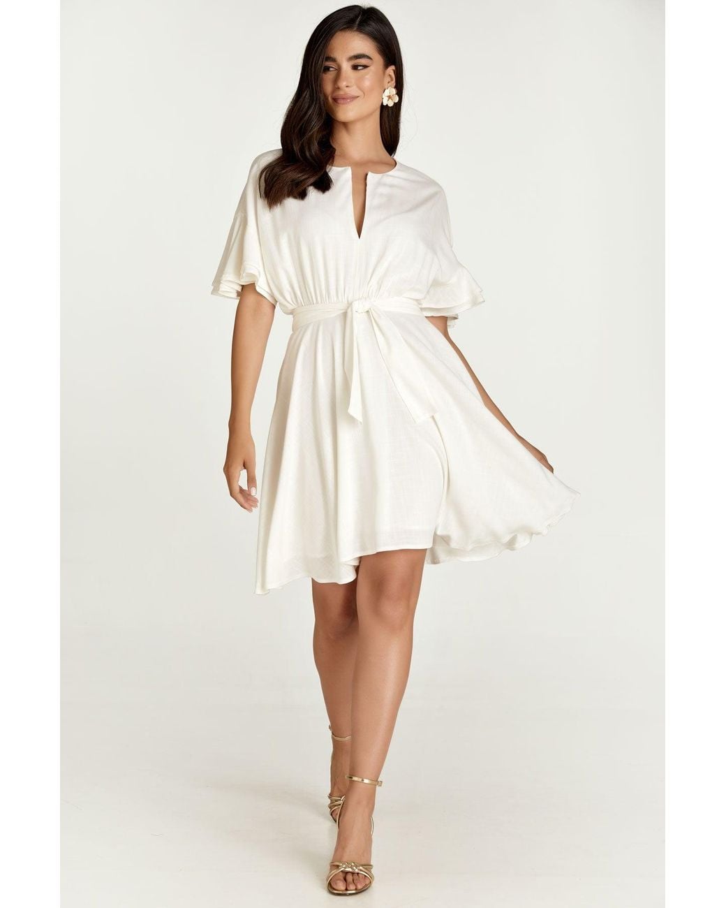 Conquista White Neutrals Ecru Dress With Ruffle Sleeves