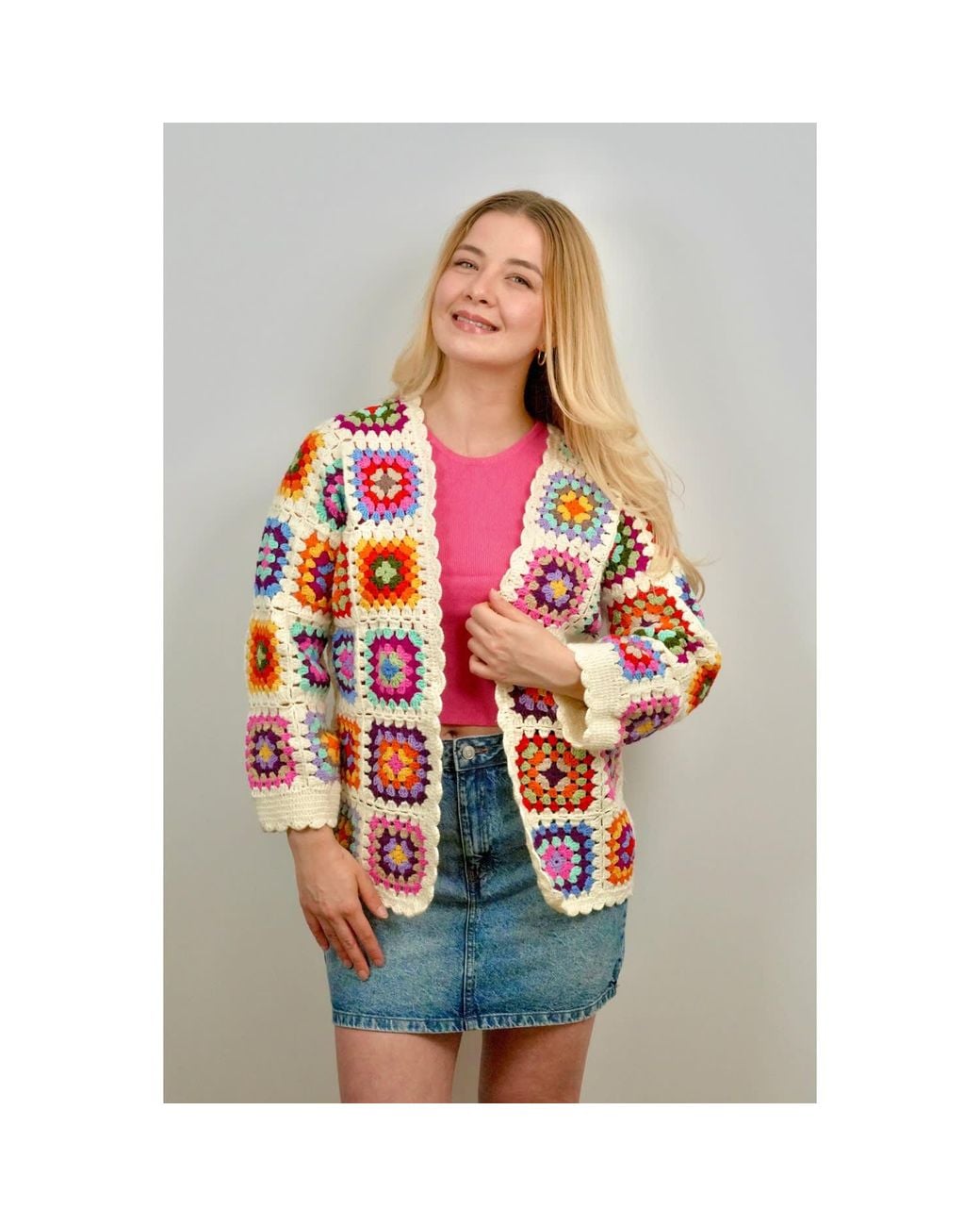 Ana Chic Red Multicolour Granny Square Handmade Crochet Cardigan