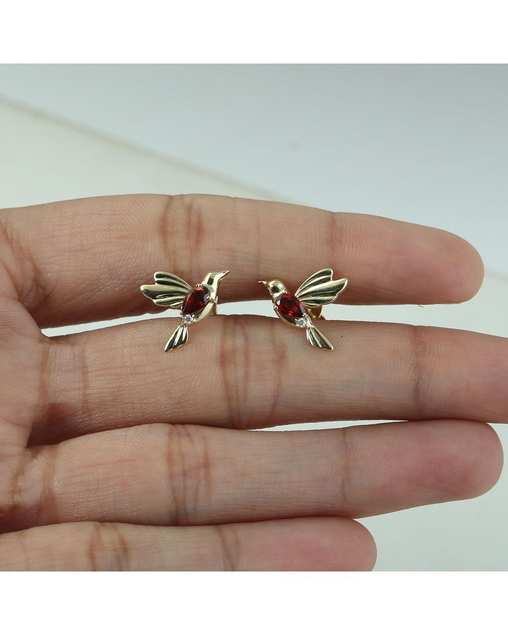 Artisan Metallic 14K Garnet & Diamond Hummingbird Stud Earrings