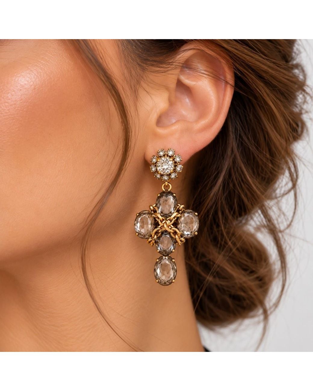 Vstyle Metallic Smoky Crystal Chain Statement Earrings