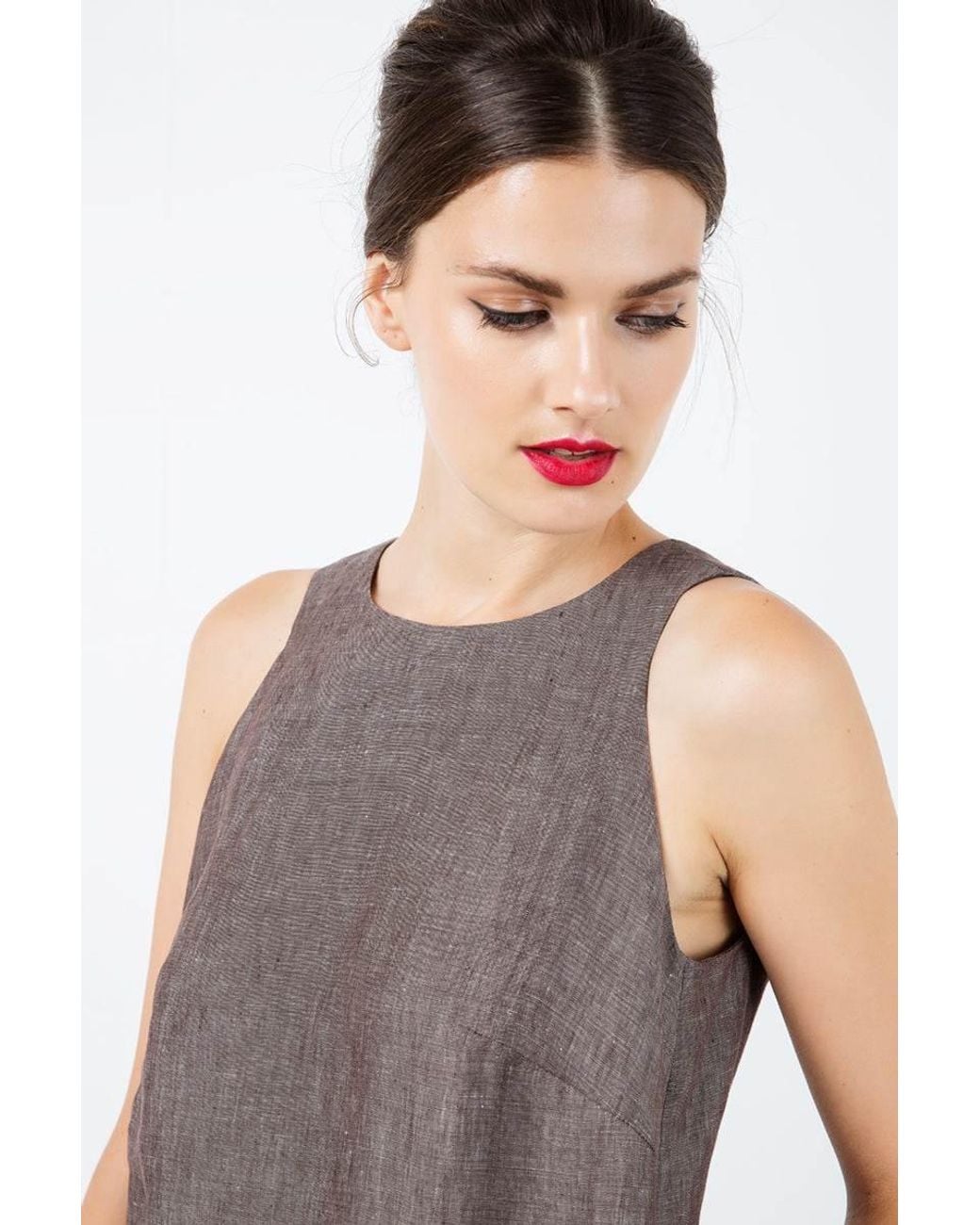 Conquista Brown Sleeveless Linen Sack Dress