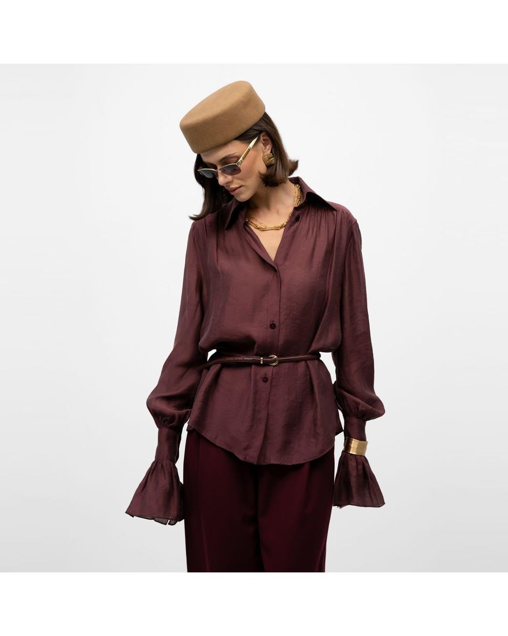 Mandragora Purple Crinkled Shirt With Decorative Cuffs Carmen Burgundy