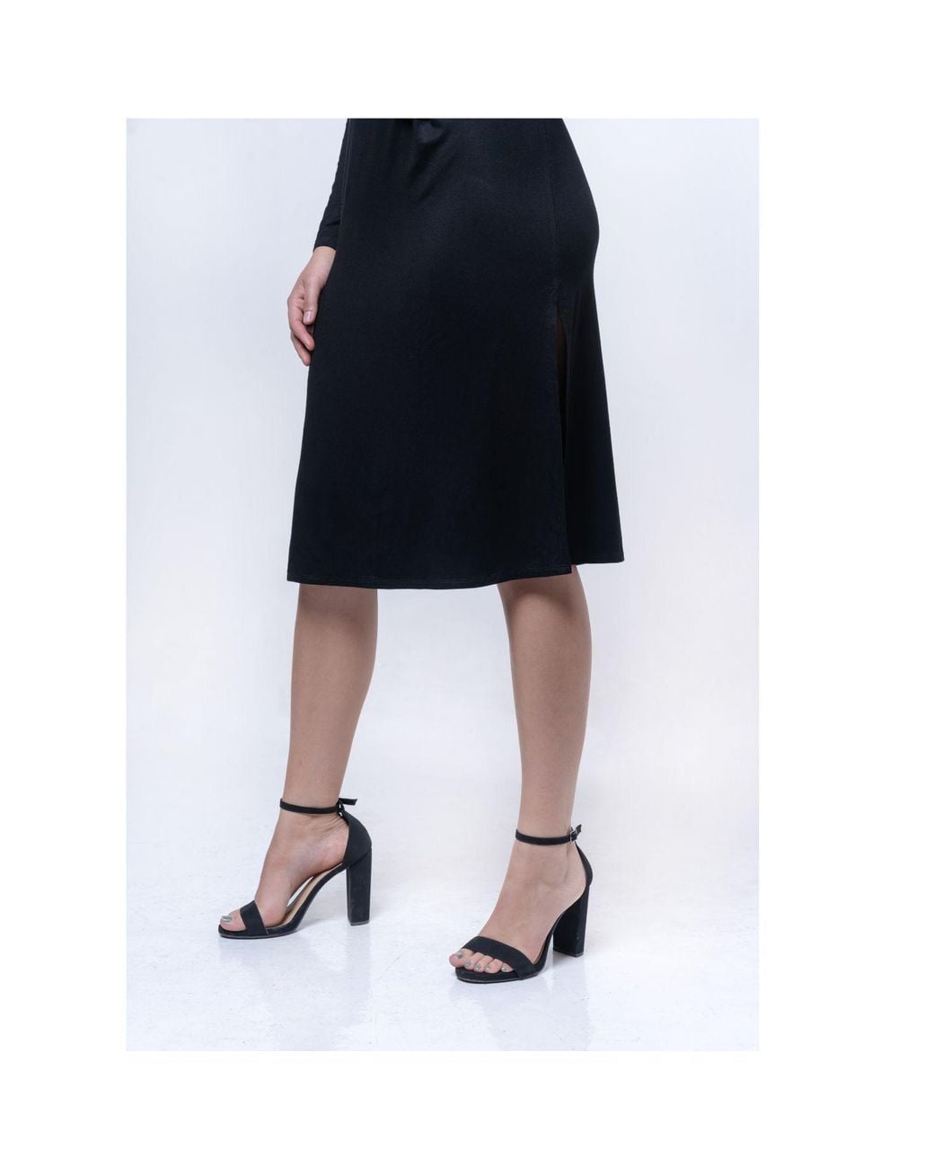 House of Gl Black Onyx Luxury Stretch Knit Long Sleeve Midi Dress With Lotus Emblem