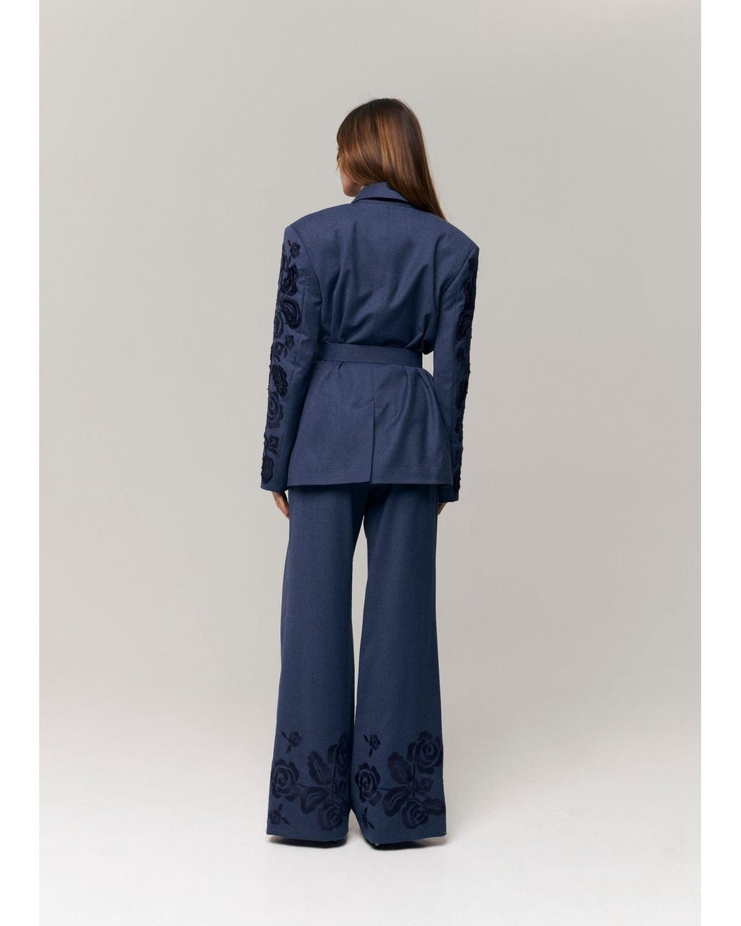 Annabo Blue Velvet Rose Embroidered Wool Wide-Leg Pants – Steel