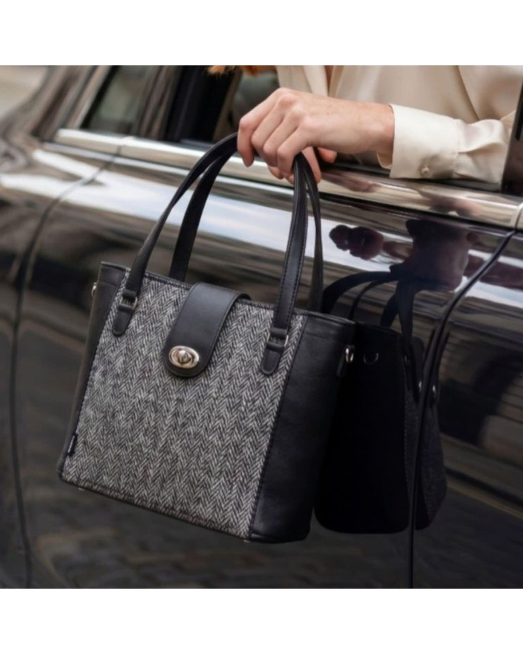 Zatchels Black Tannery Tweed & Leather Mini Twist Lock Shopper Bag