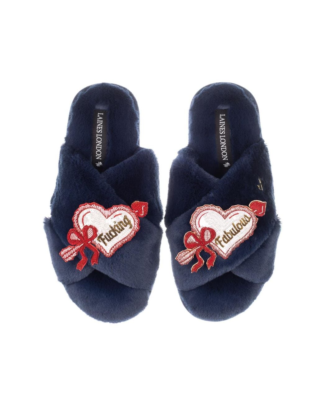 Laines London Blue Classic Laines Slippers With Fucking Fabulous Hearts Brooches