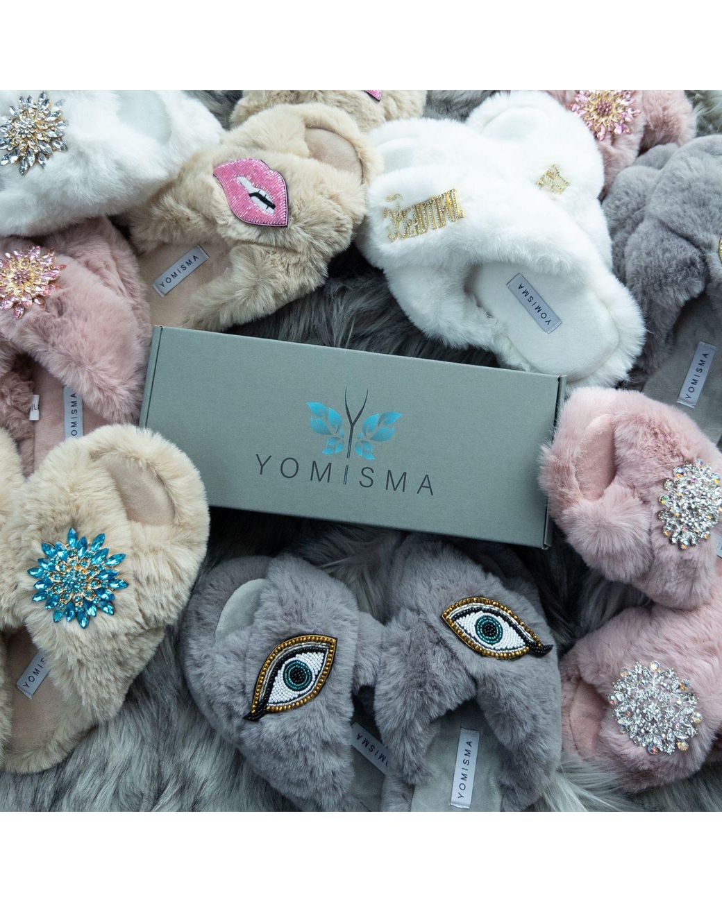 Yomisma Natural Neutrals Eco Faux Fur Slippers – Recycled Faux Fur + Clear Brooch Embellishment