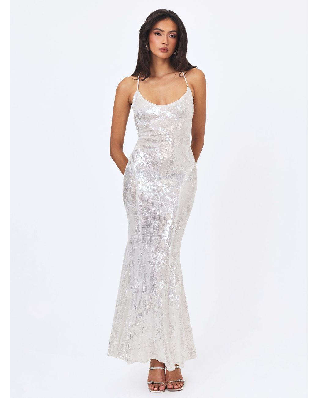 Miss Circle New York White Cameron Sequin Scoop Neck Mermaid Maxi Dress