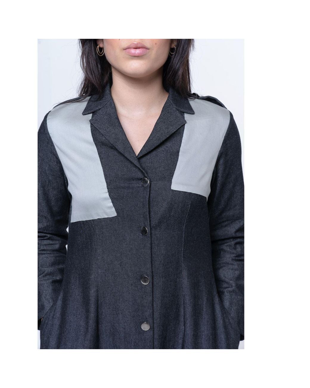 House of Gl Blue Hematite Dark Wash Denim A-Line Midi Shirt Dress With Contrast Cotton Panels