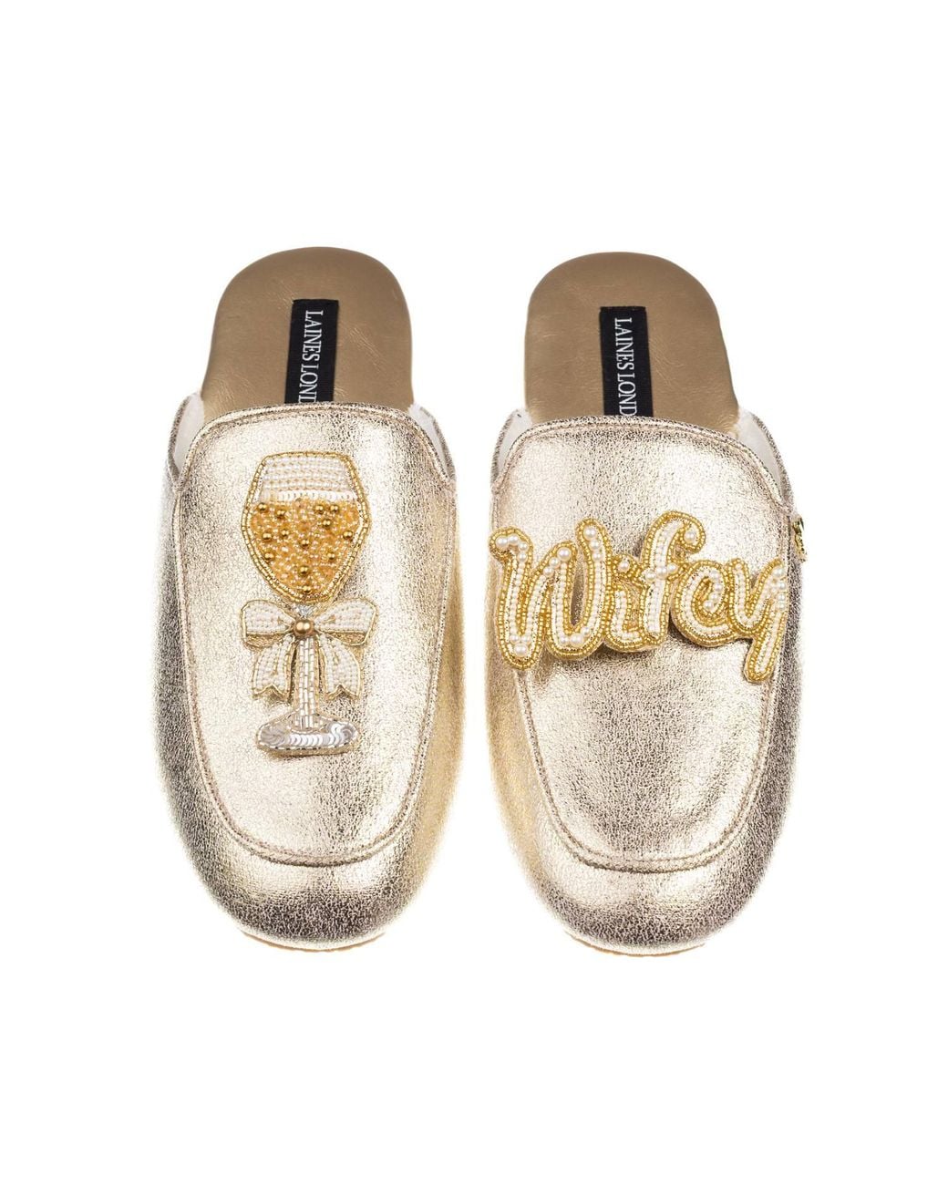 Laines London Metallic Classic Mules With Wifey & Champagne Glass Brooches