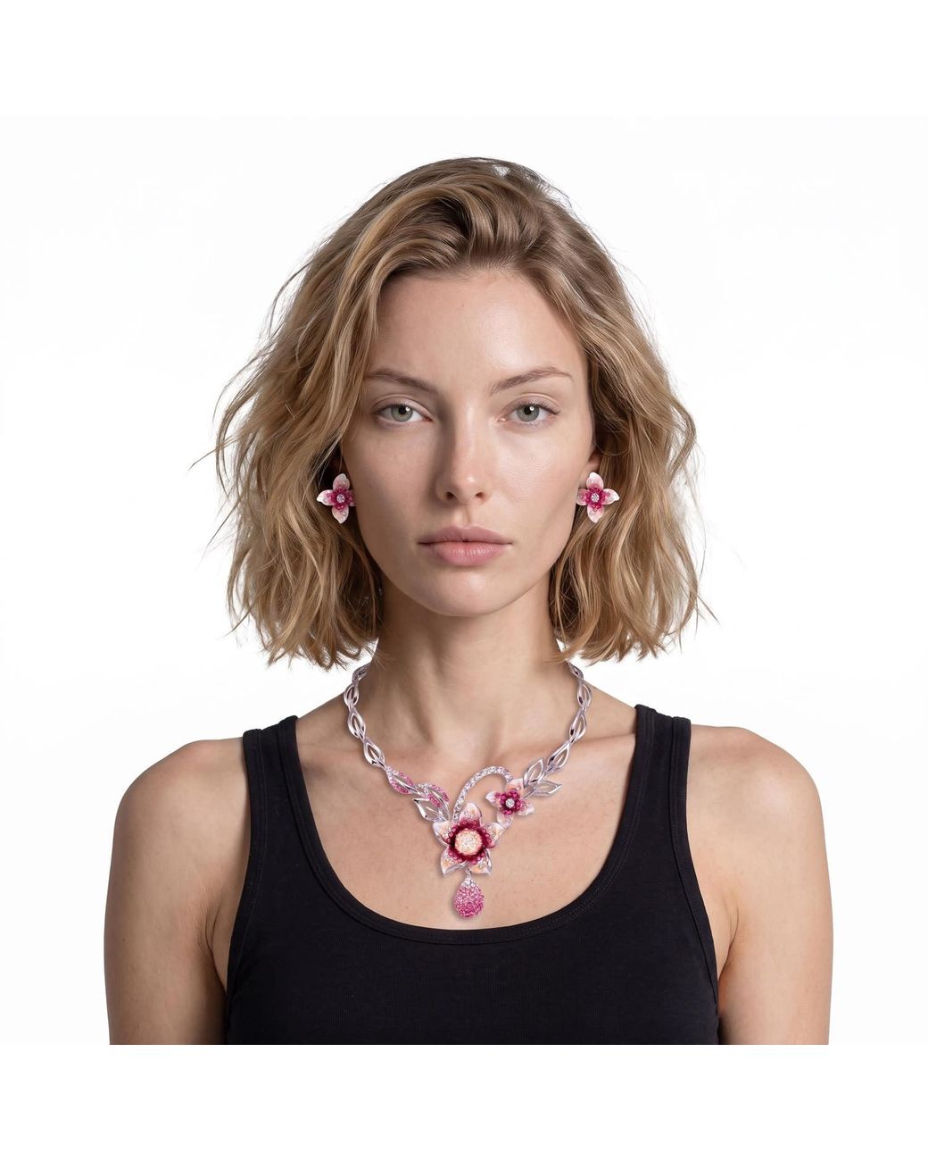 Modenaire Pink Flower Necklace And Earrings Set