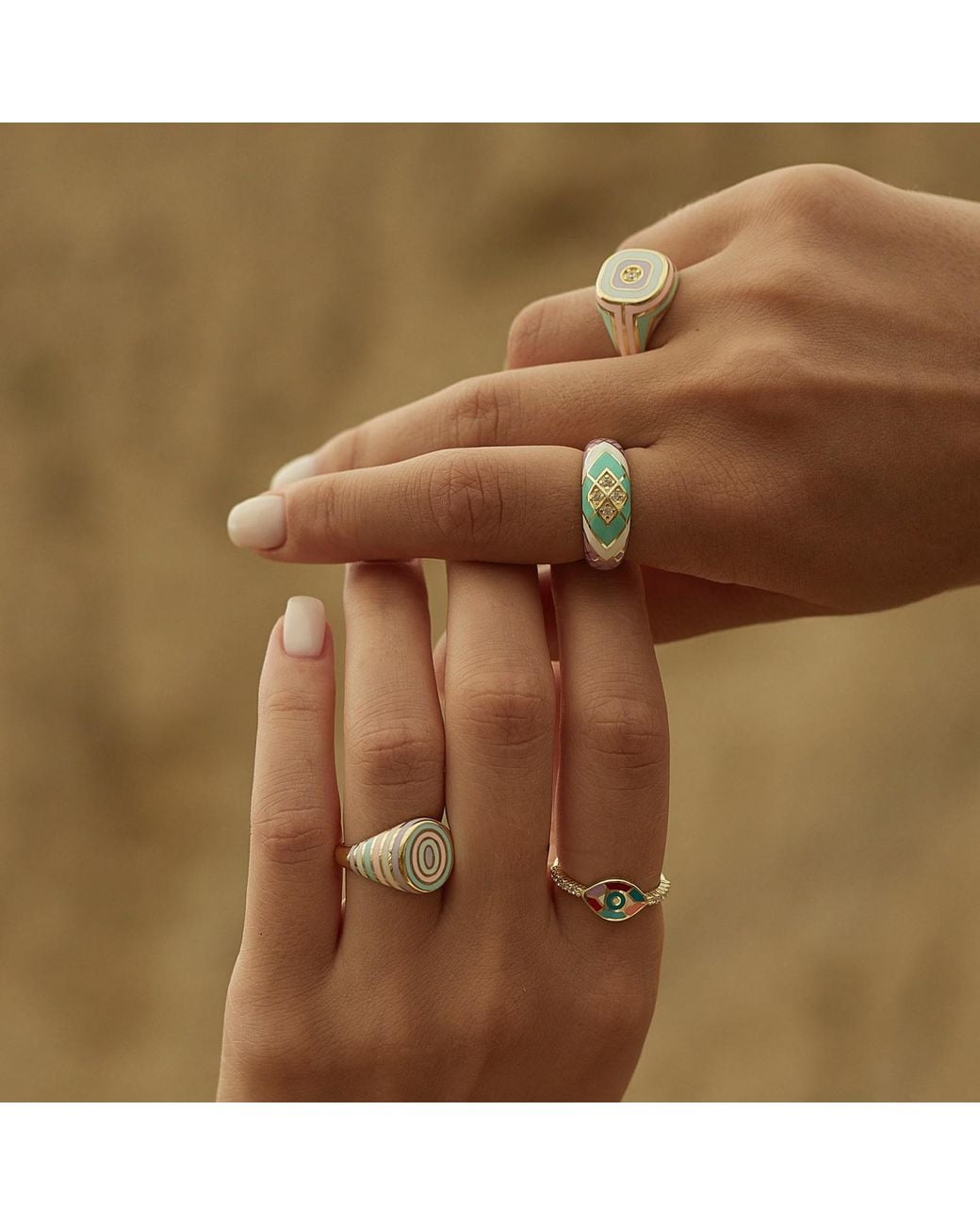 Spero London Metallic Adjustable Multi Pastel Color Enamel Sterling Vermeil Signet Ring