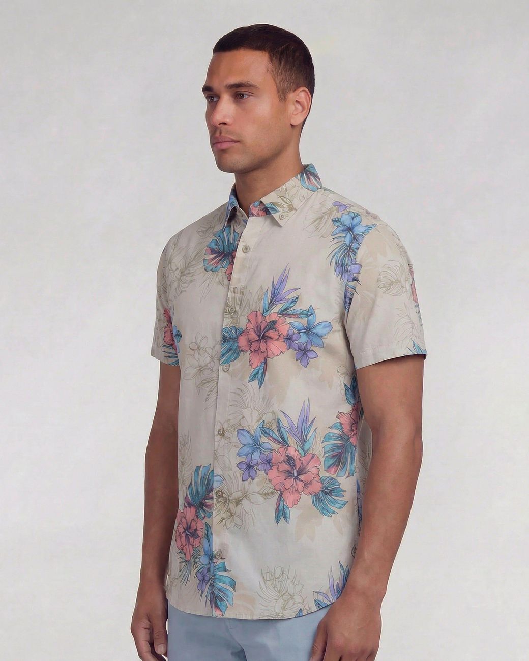 Lords of Harlech Blue Neutrals Todd Exotic Floral Neutral Knit Shirt for men
