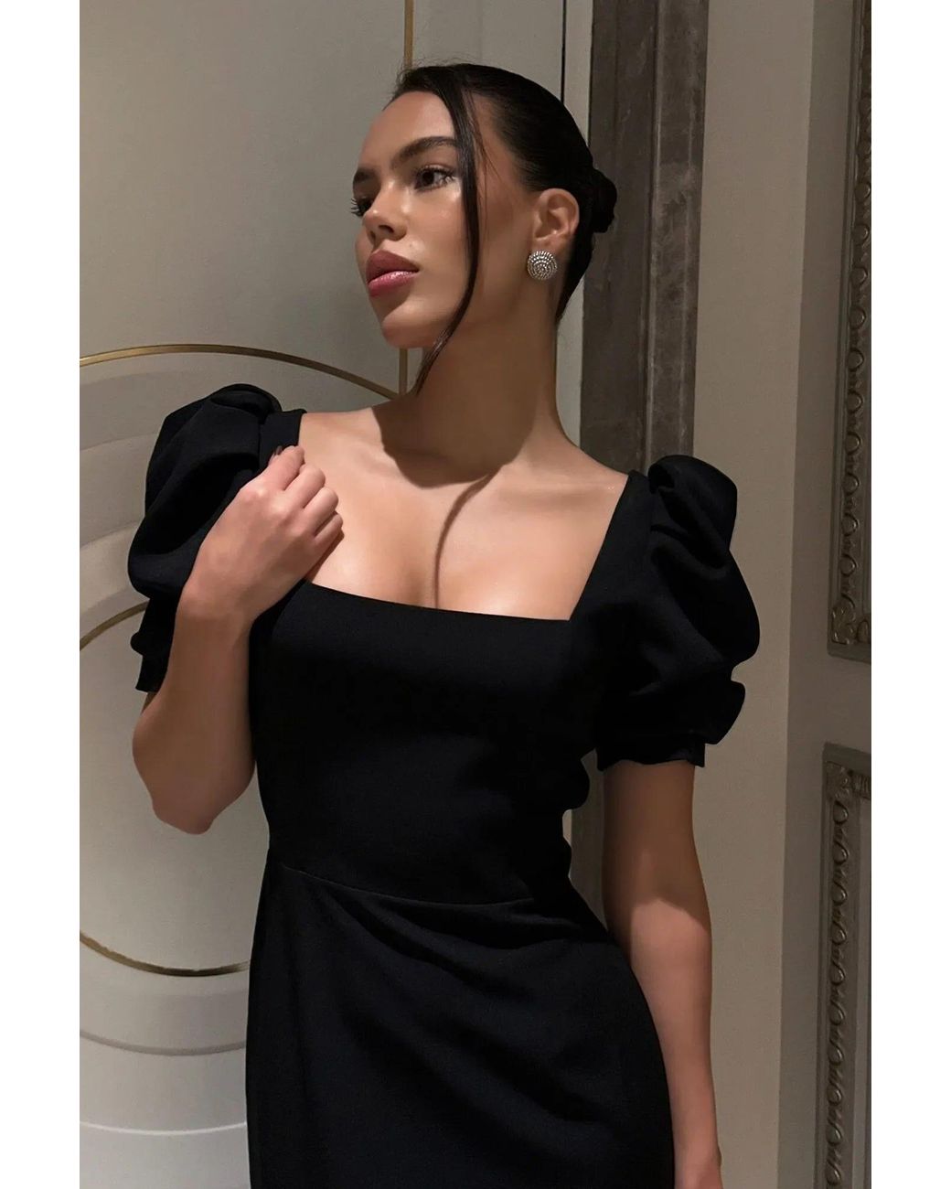POST MERIDIEM Black Godet Silhouette Square Neck Midi Dress