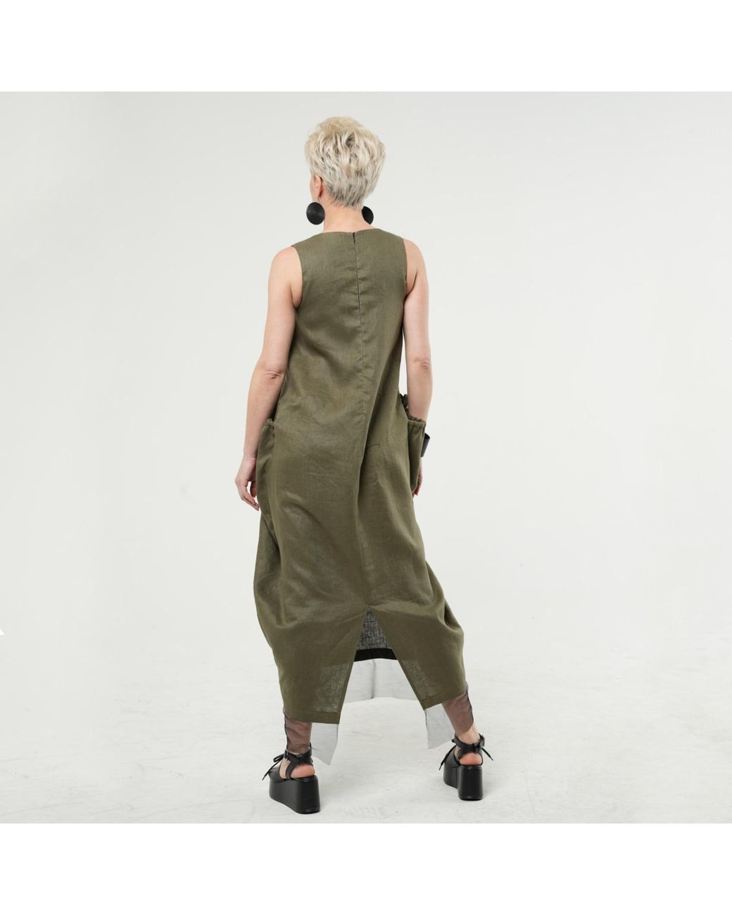 Metamorph Green Long Linen Dress With Oversized Pockets