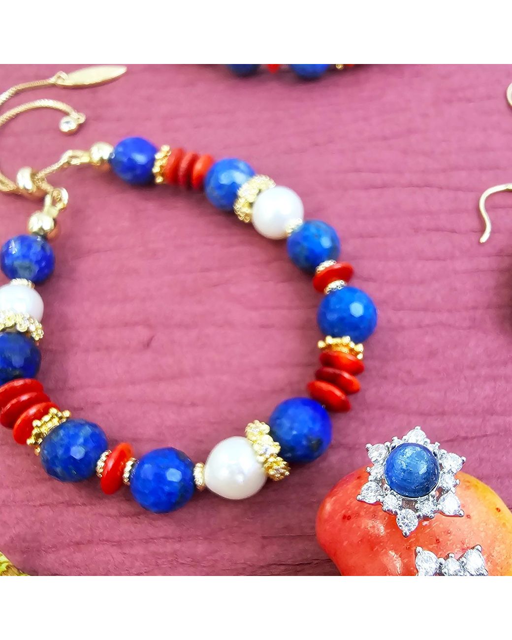Farra Blue Lapis Bamboo Coral And Pearl Adjustable Slider Bracelet