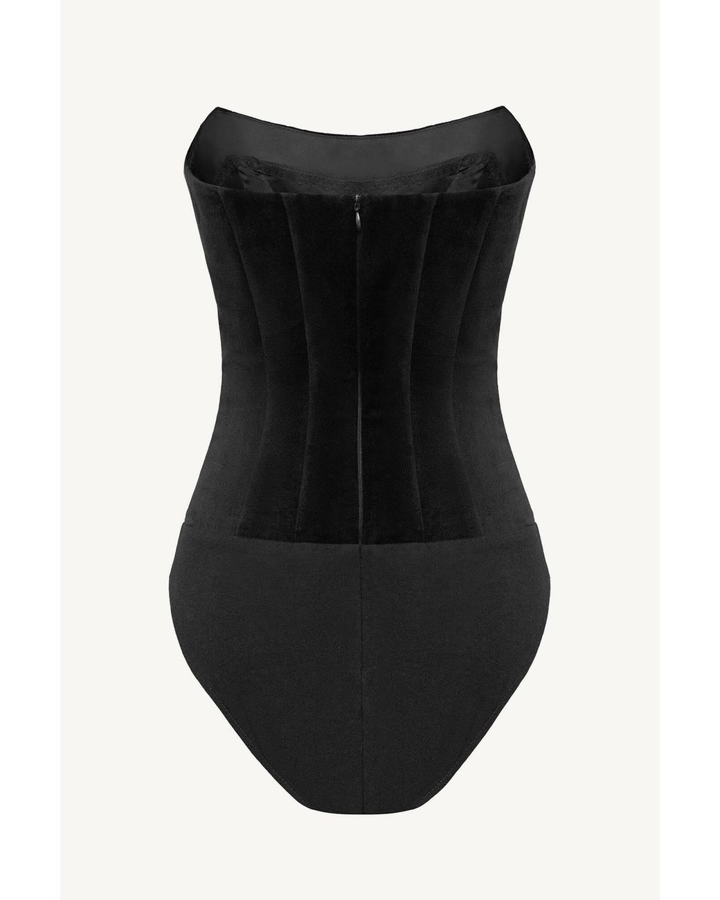 POST MERIDIEM Black Velvet Bodysuit With Embossed Corset