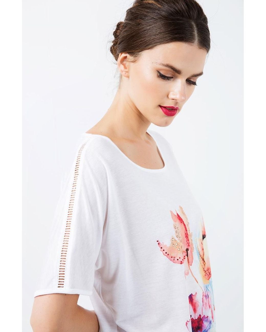Conquista White Neutrals Jersey Top With Multicoloured Print