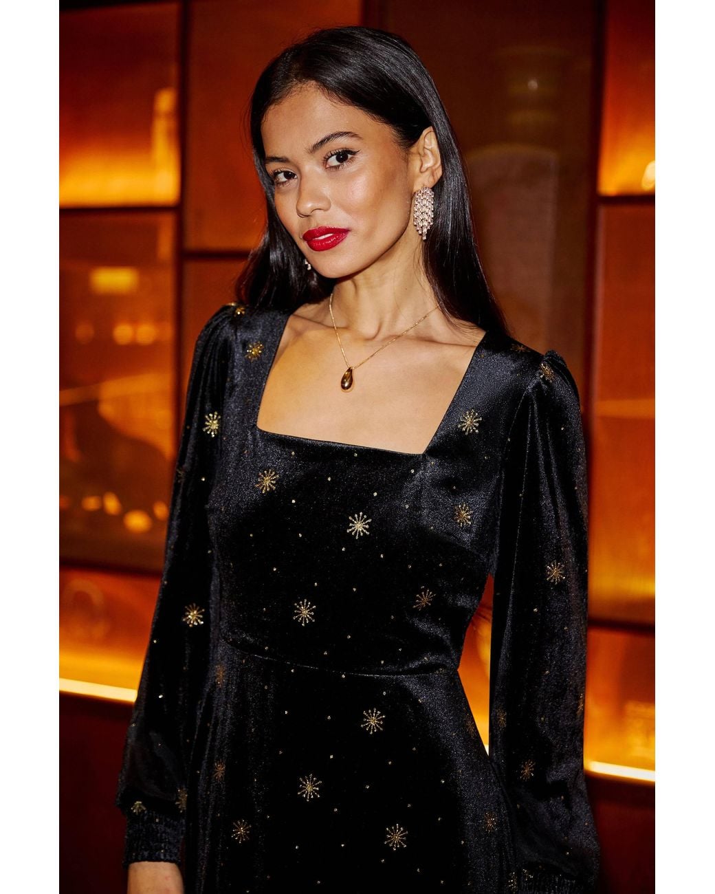 Yumi' Black Velvet Midi Dress With Starburst Foil Print