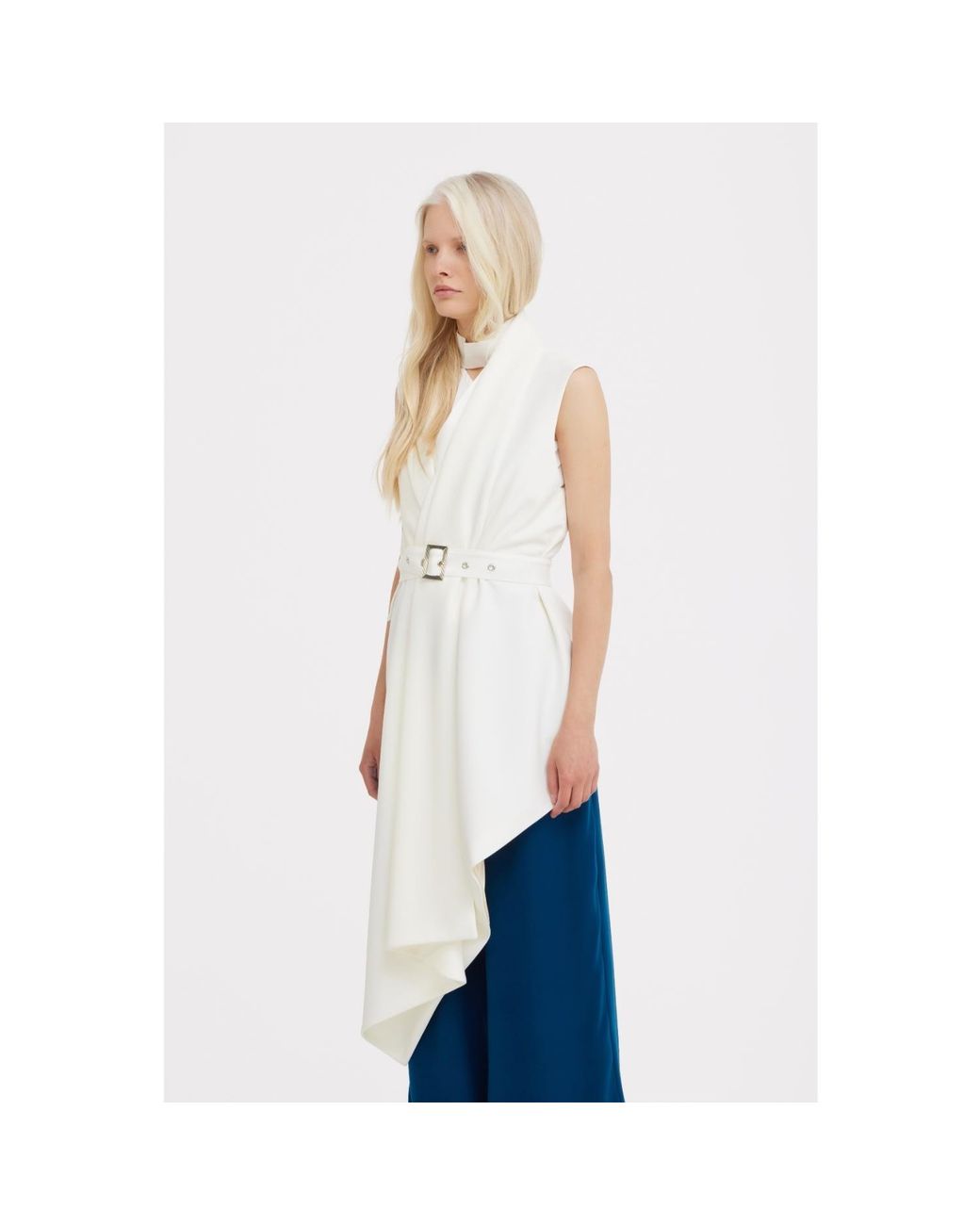 Julia Allert Natural Neutrals Asymmetrical Sleeveless Blazer — Ecru