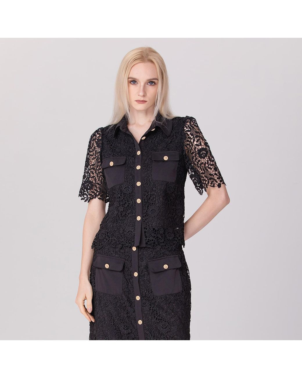 Smart and Joy Black Lace And Center Buttons Shirt