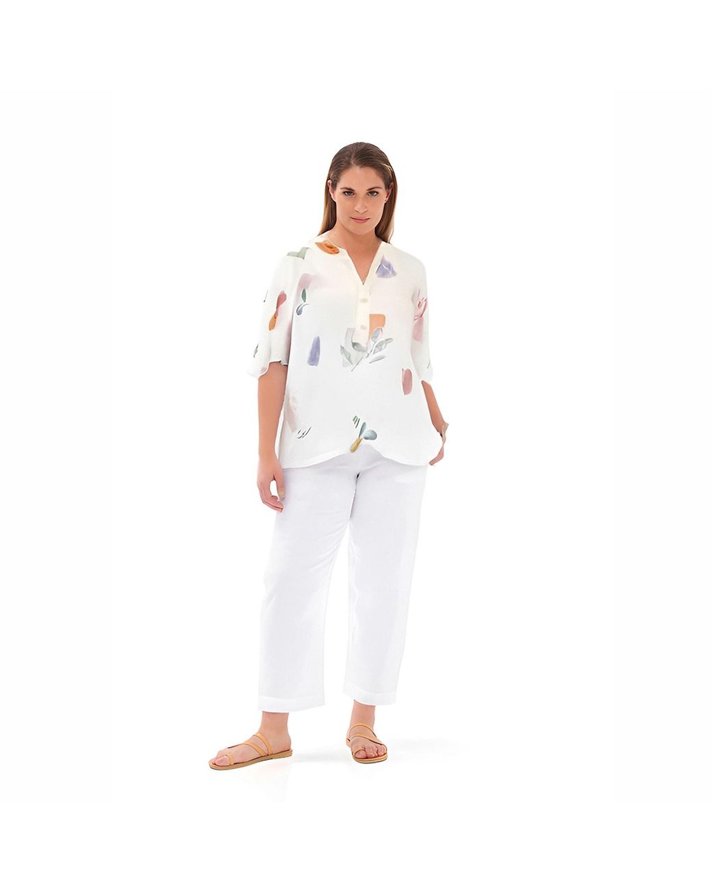 Haris Cotton White Printed Linen Gauze Button Front Blouse With Balloon Sleeves Tree