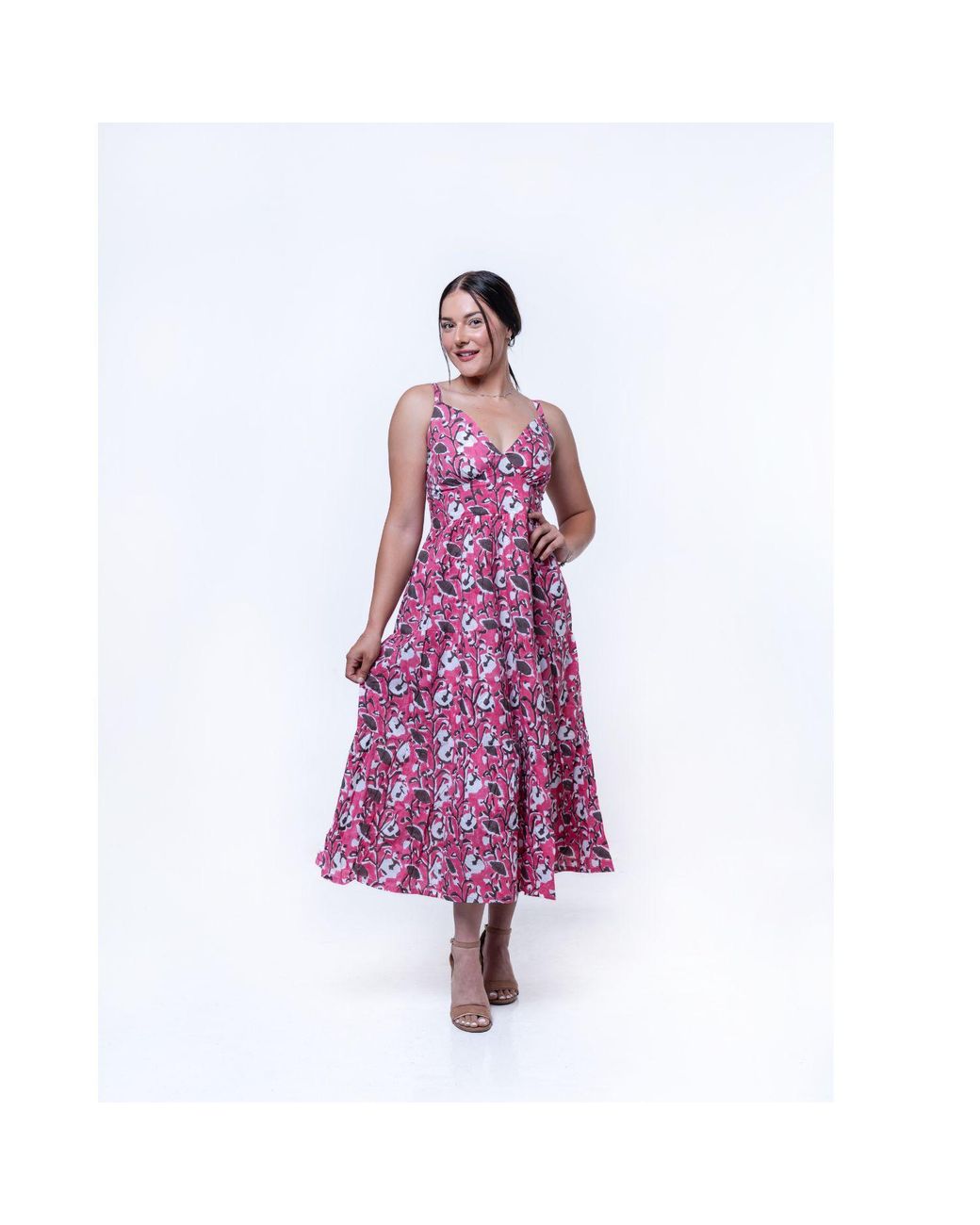 House of Gl Pink Elira Cotton Sweetheart Neckline Midi Dress With Smocked Back