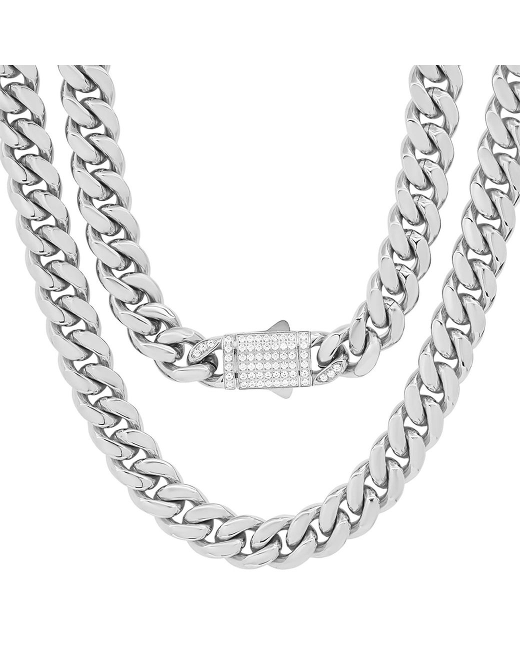 Steeltime Metallic Stainless Steel 10Mm Miami Cuban Necklace Chain With Cz Monaco Clasp 24 Inch for men