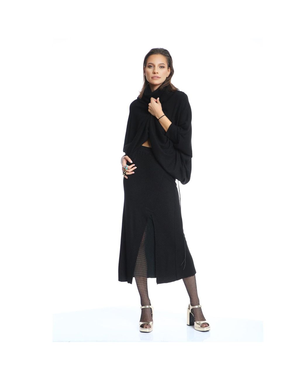 Silvia Serban Black Ribbed Skirt With Elasticated Tulle Linen