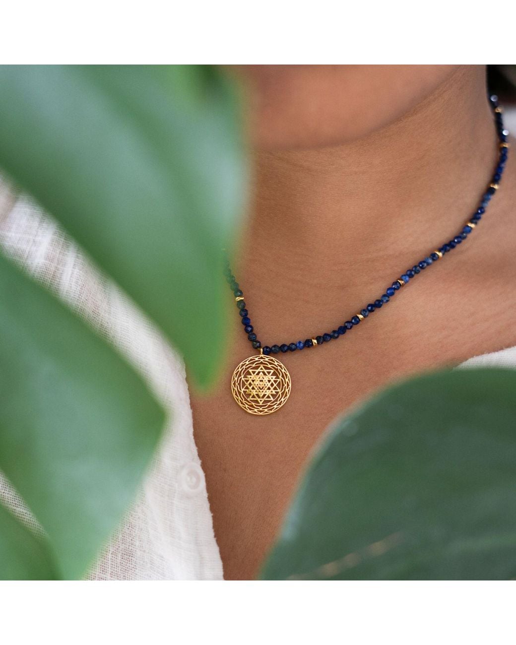 Seven Saints Metallic Sri Yantra Protection & Peace Necklace, Lapis Lazuli