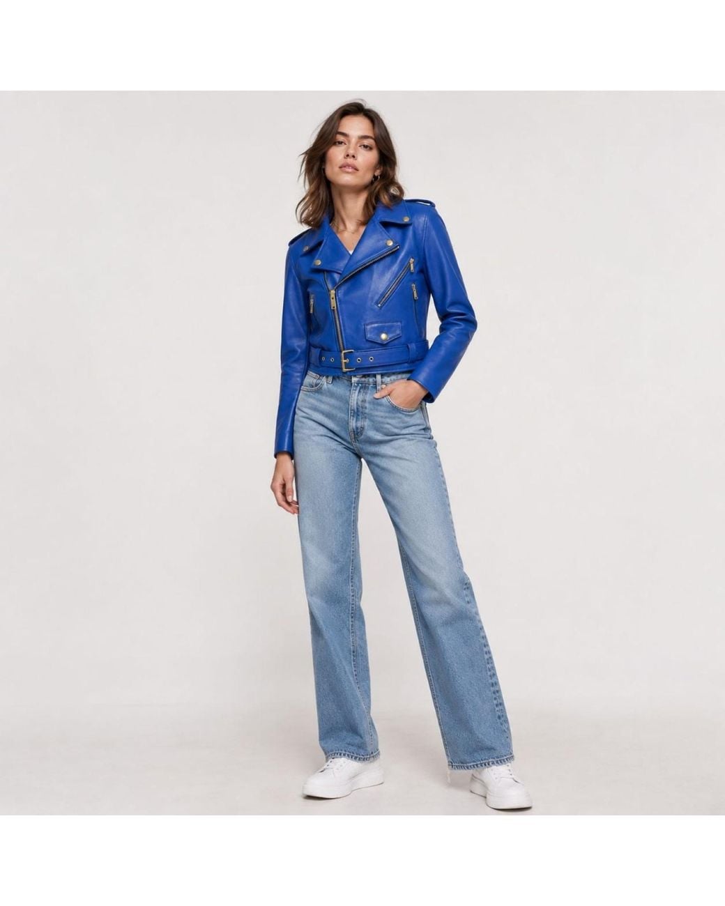 Zasta Studio Blue Cropped Biker Leather Jacket