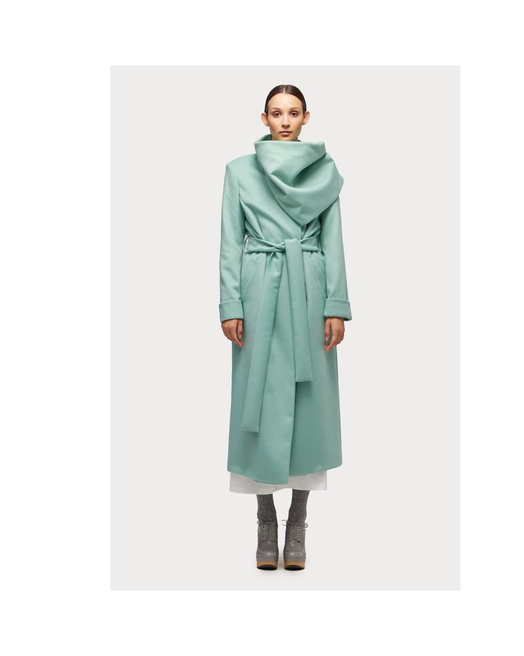 Julia Allert Green Long Wrap Coat With Drape Collar Mint