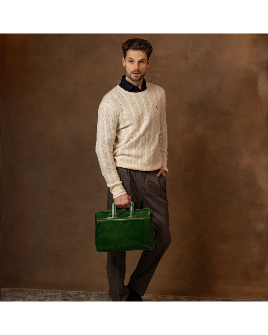 Time Resistance Green Leather Briefcase Laptop Bag for men