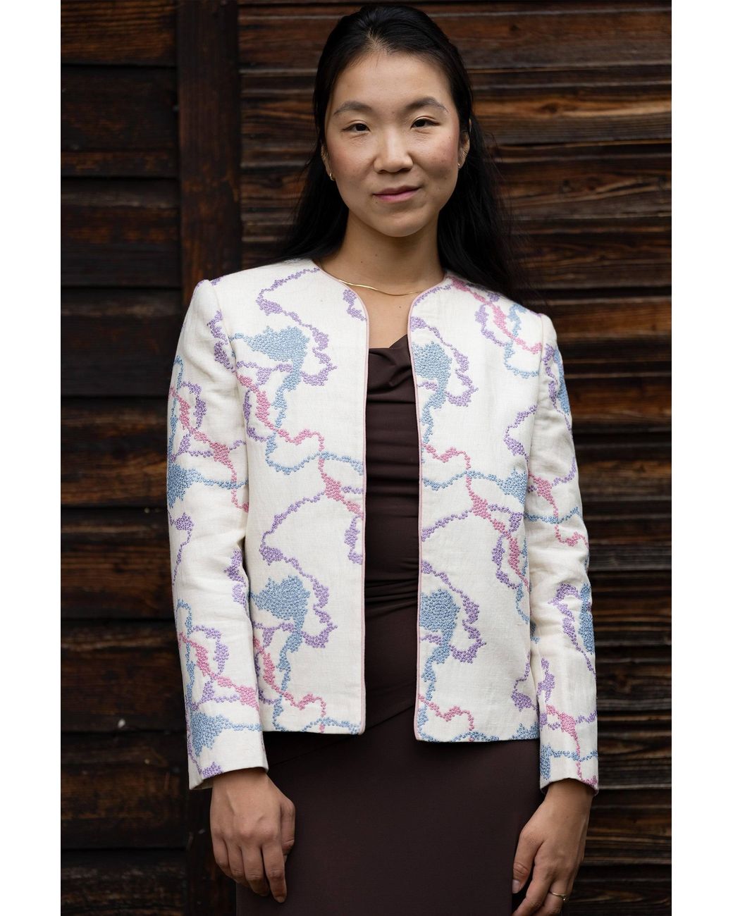 Stovaria Multicolor Neutrals Pastel Embroidered Pure Linen Statement Jacket
