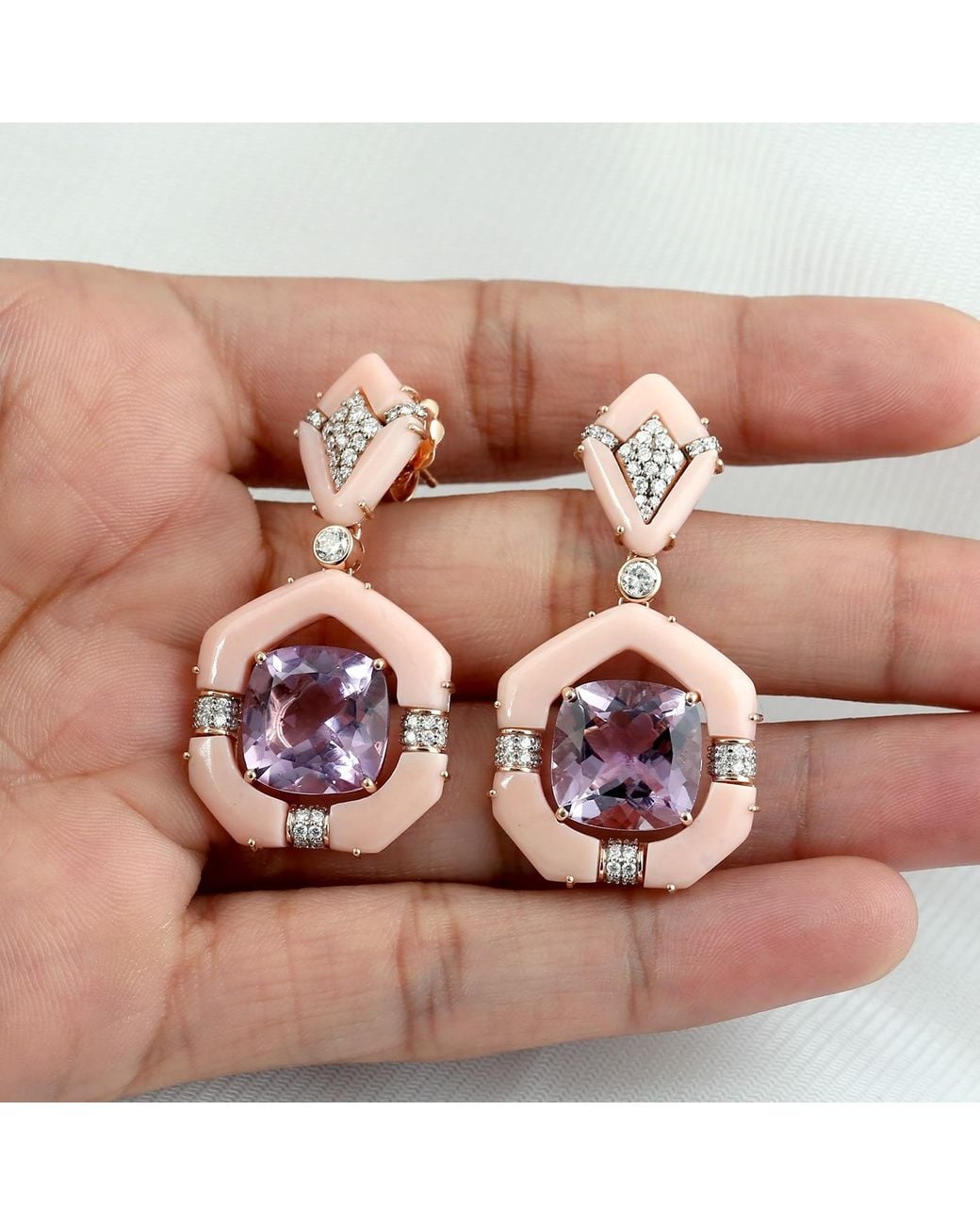 Artisan Pink Amethyst, Opal & Diamond Drop Earrings
