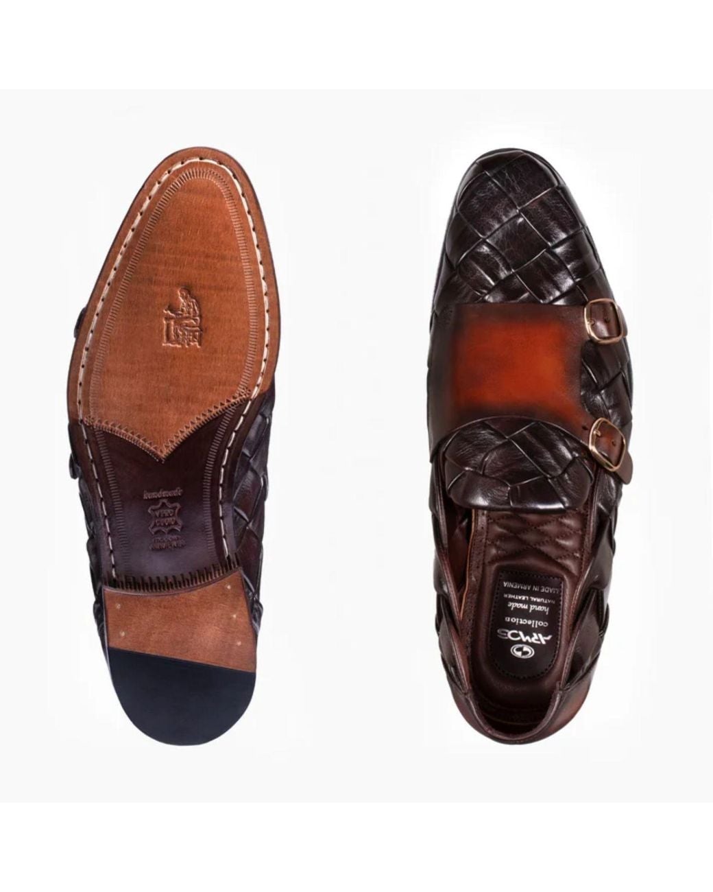 Armos Brown Woven Patina Double Monk Strap for men