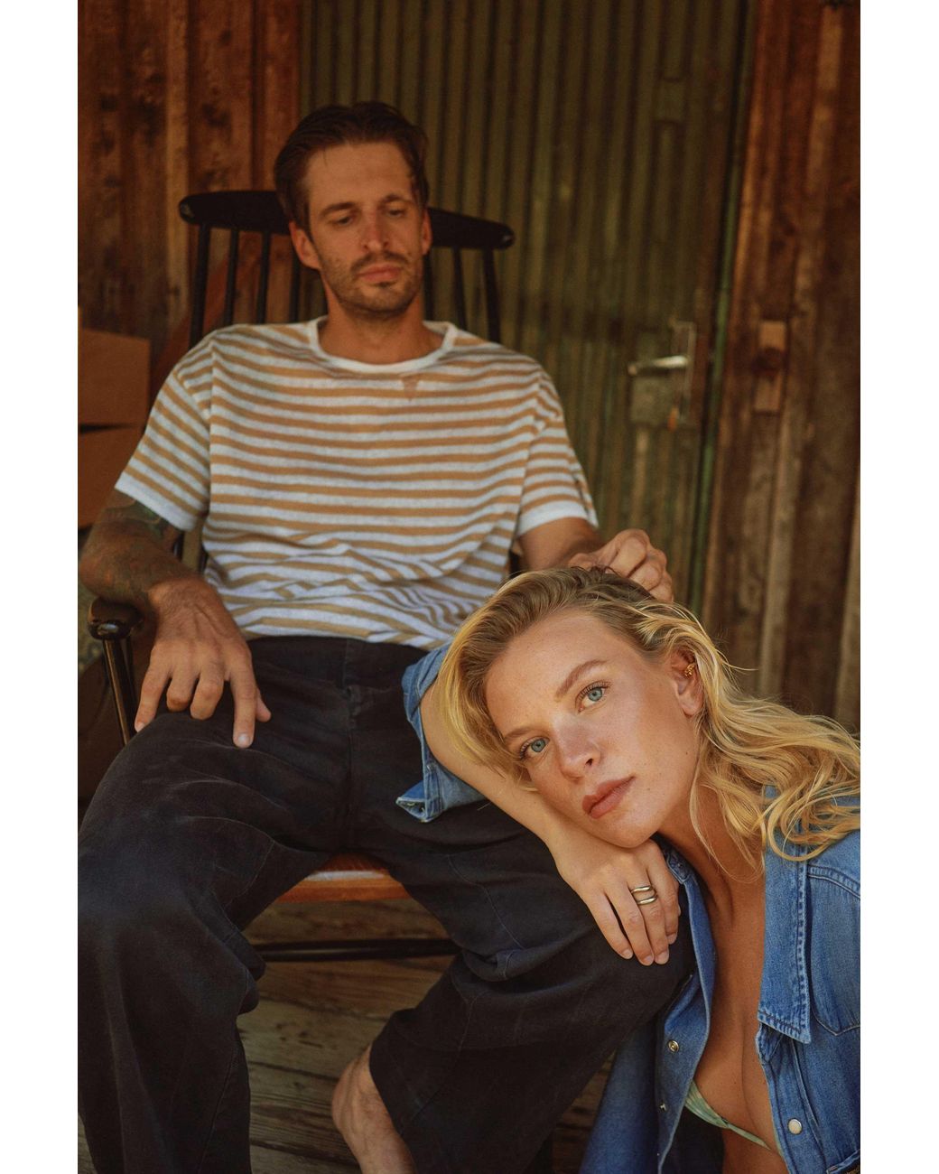 SALANIDA White Energia Ripped Linen T-Shirt Caramel Striped