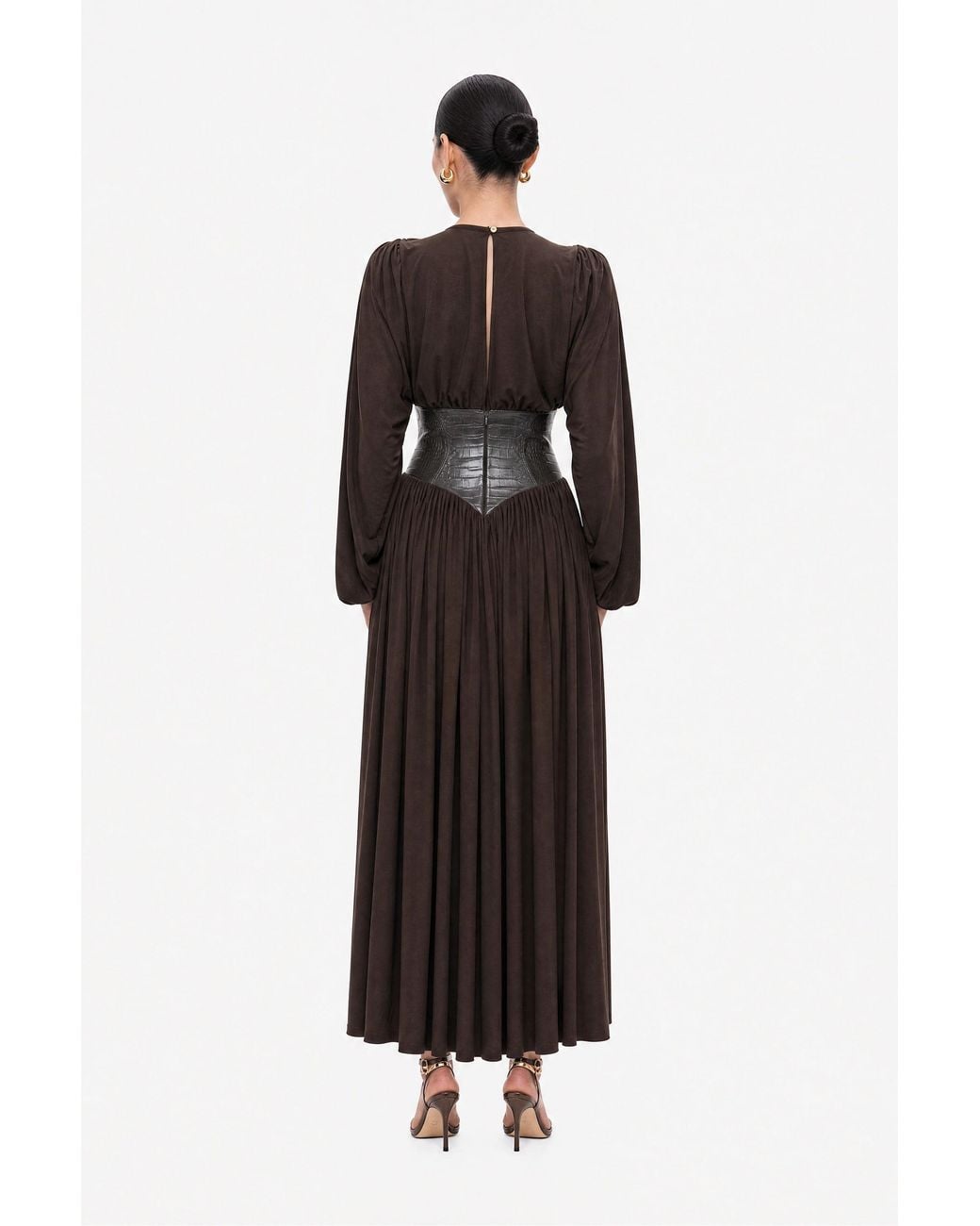 Nocturne Brown Leather Corset Maxi Dress