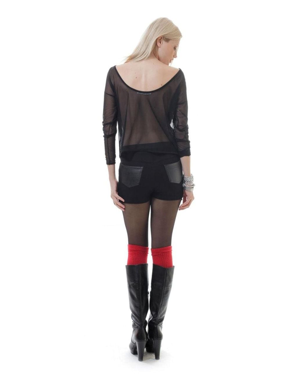 Conquista Black Low Back Sheer Print Top