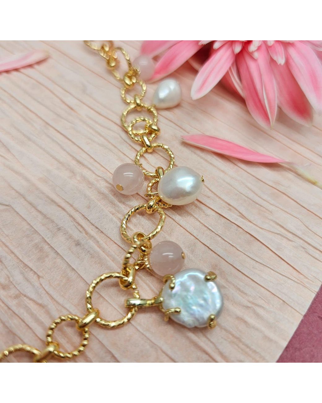 Farra Metallic Rose Quartz Flower Pendant With Pearls Chain Necklace