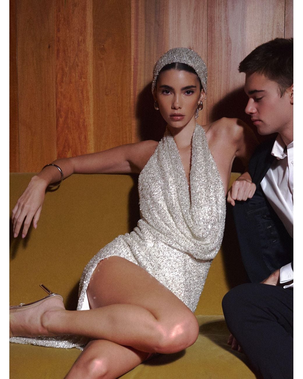 Miss Circle New York White Niamh Golden Beaded Cowl Halter Backless Maxi Dress