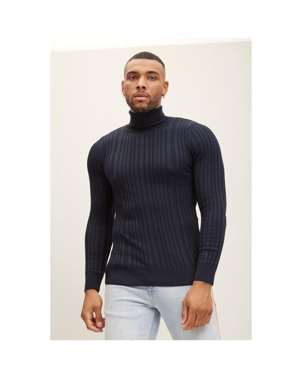 Ron Tomson Blue Roll Neck Ribbed Sweater for men