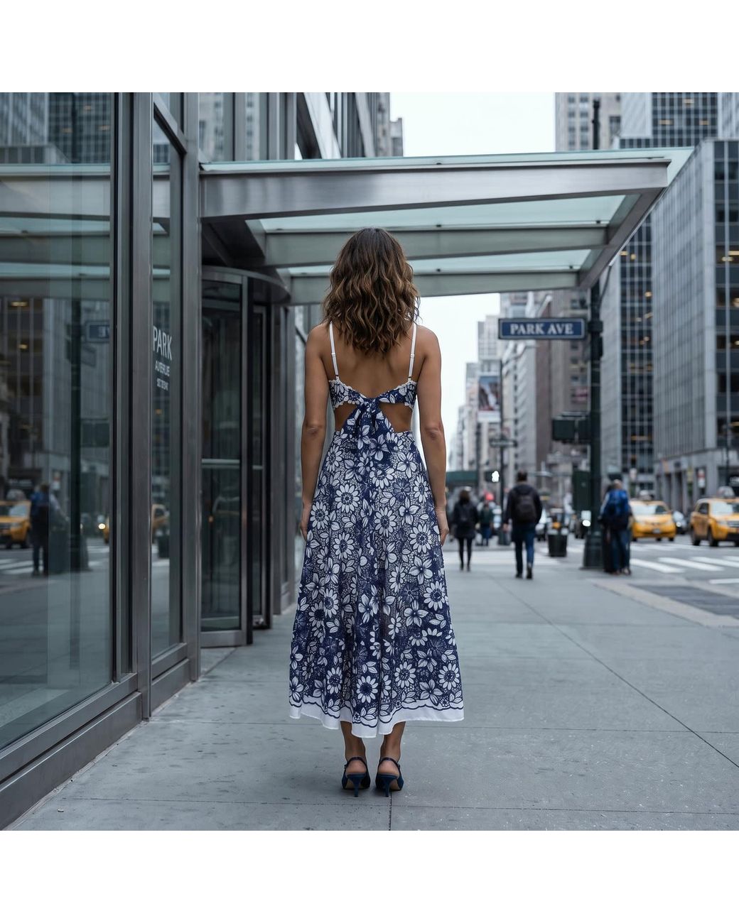 Modenaire Blue Halter Dress With Vintage Embroidery And Cutout Waist