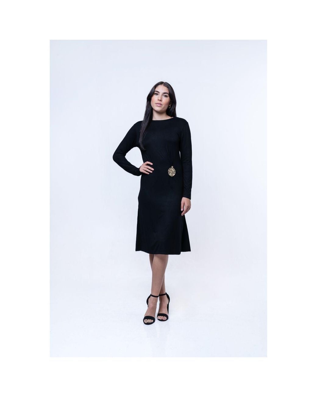 House of Gl Black Onyx Luxury Stretch Knit Long Sleeve Midi Dress With Lotus Emblem