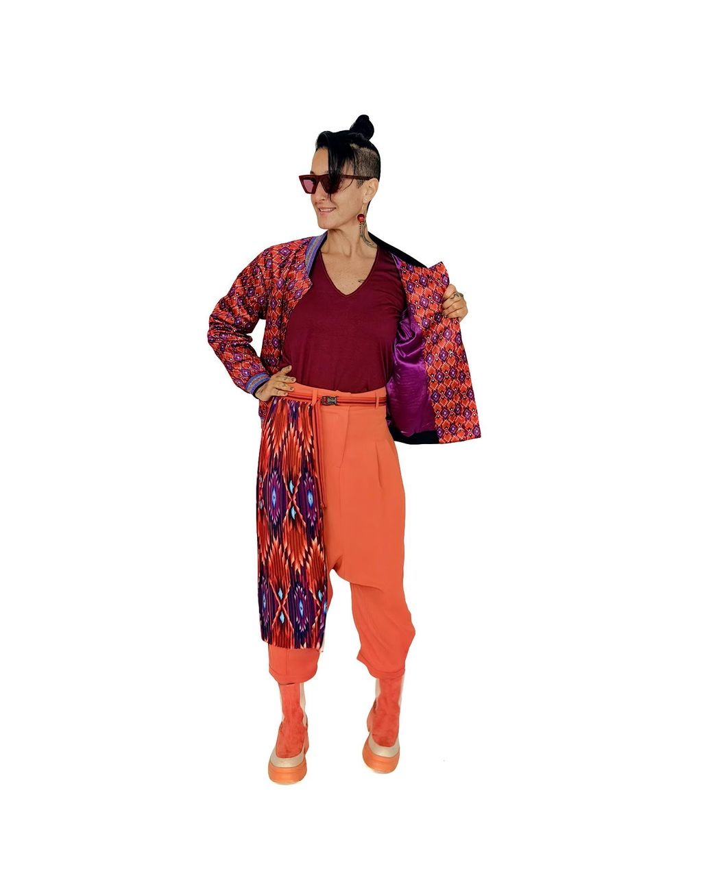 Lalipop Design Orange Baggy Pants With Detachable Pleated Half-Skirt
