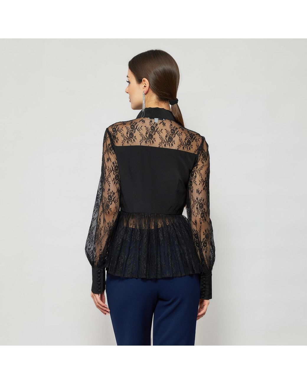 Solgo Atelier Black Laelia Pleated Lace Silk Blouse