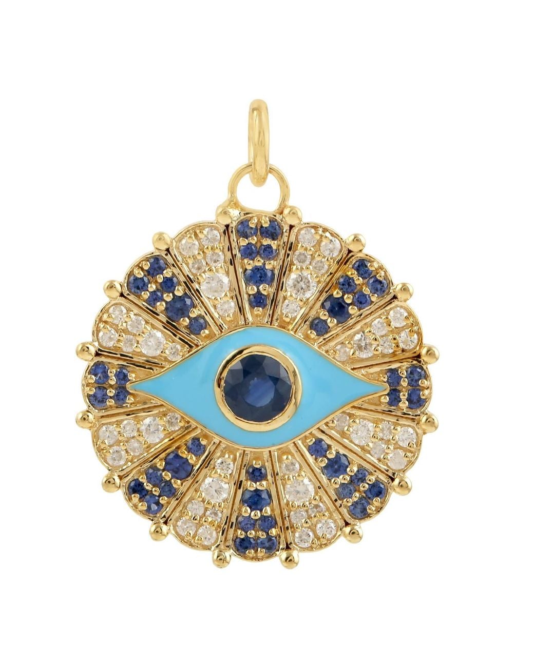 Artisan Multicolor Yellow Gold Natural Pave Diamond & Blue Sapphire Evil Eye Charm Pendant