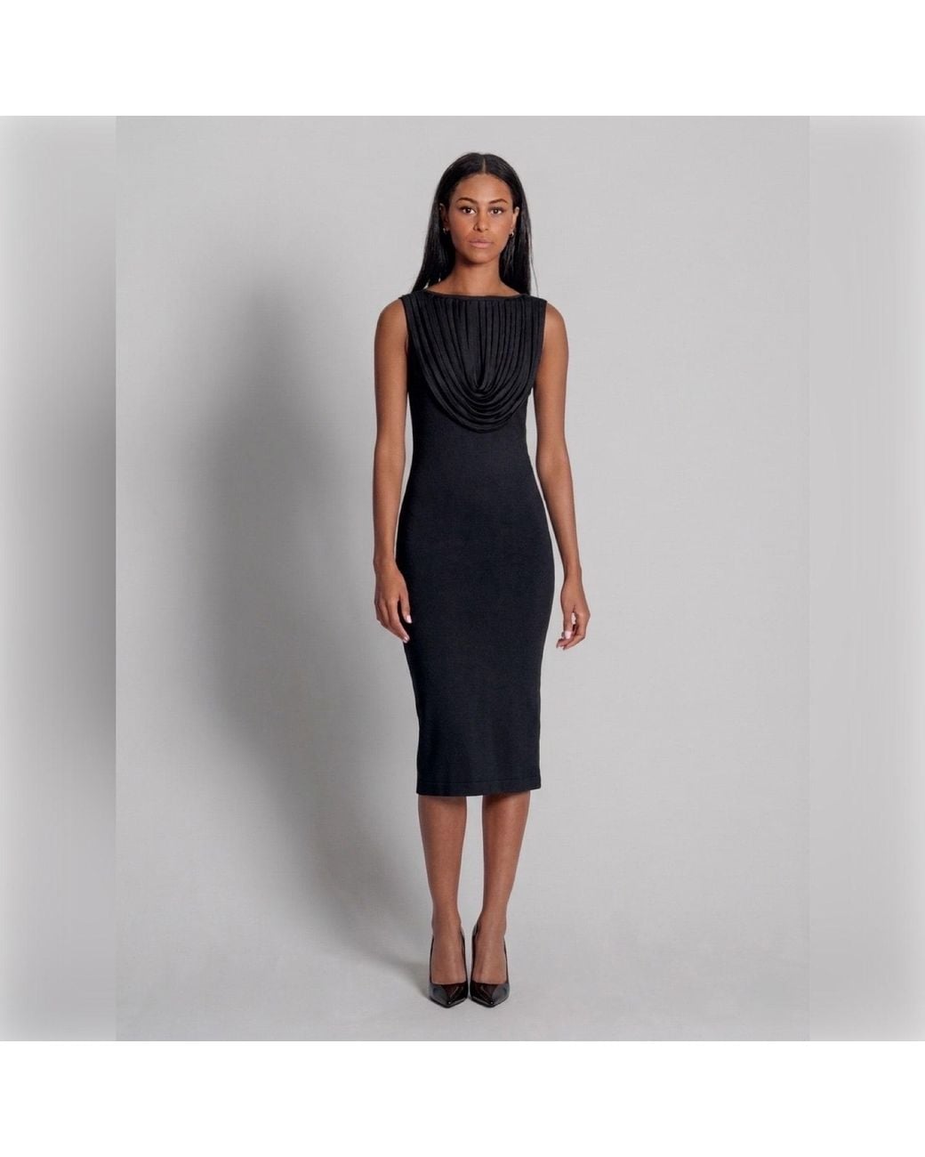 Imaatu Black Ileke Midi Dress – Second-Skin Sculpting Viscose & Backless Detail